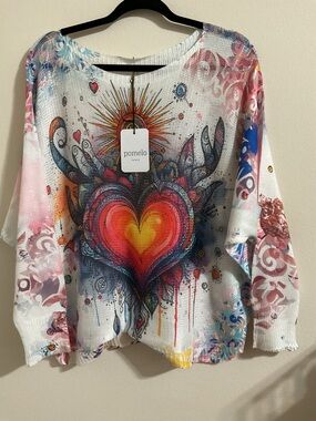 NWT - Pomelo “Hearts Aglow” White Multicolor Heart Graphic Loose-Knit Boho Top